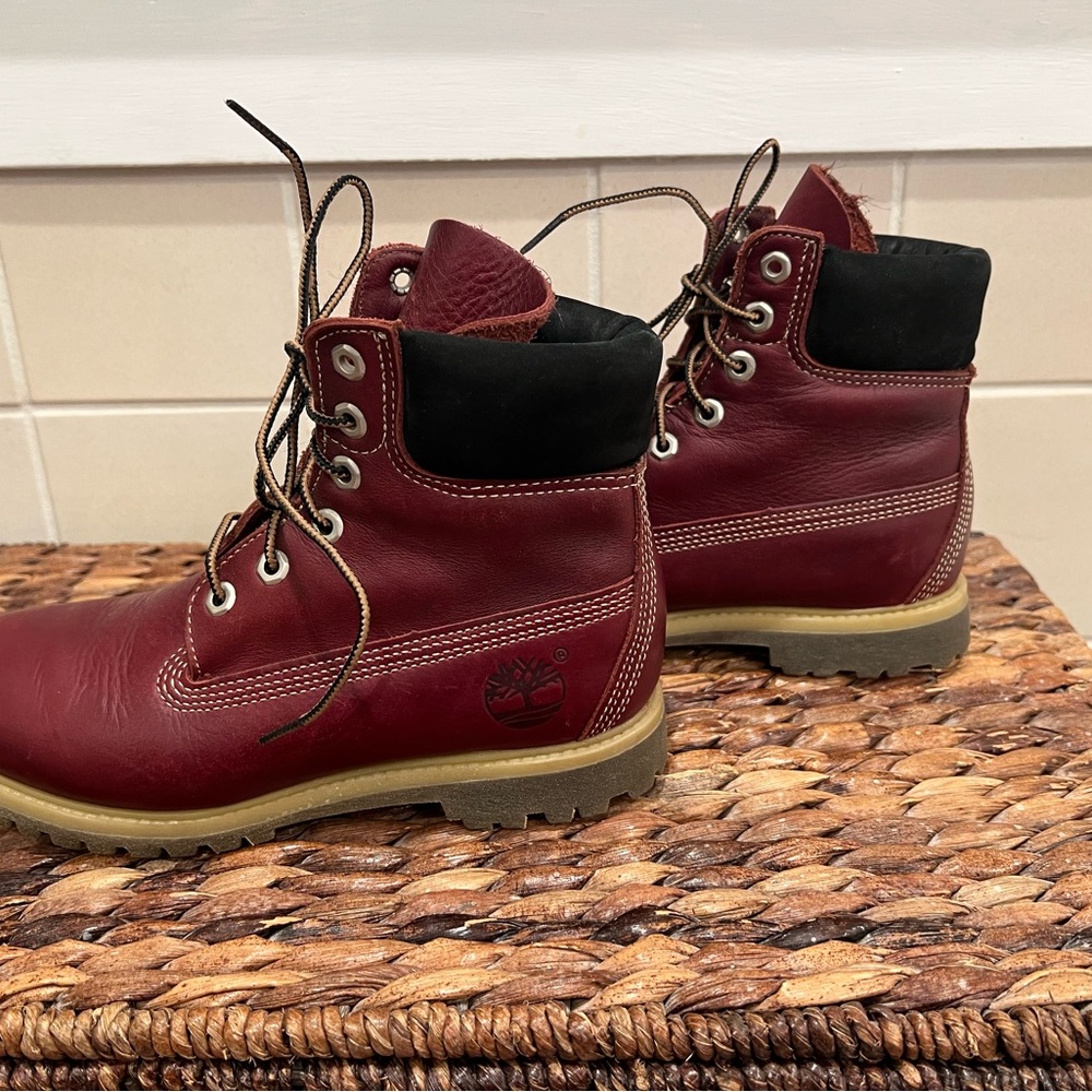 Timberland Red and Black Boots with Rugged Sole